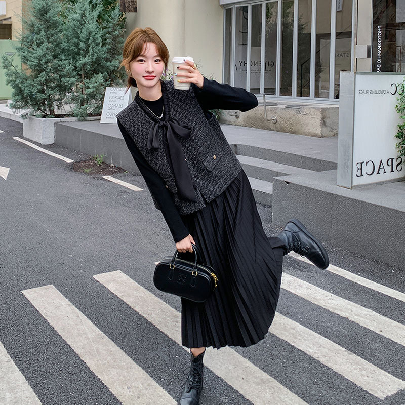 法式小香風套裝 連衣裙+蝴蝶結馬甲｜氣質穿搭 秋冬氛圍感