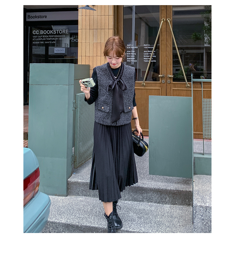 法式小香風套裝 連衣裙+蝴蝶結馬甲｜氣質穿搭 秋冬氛圍感