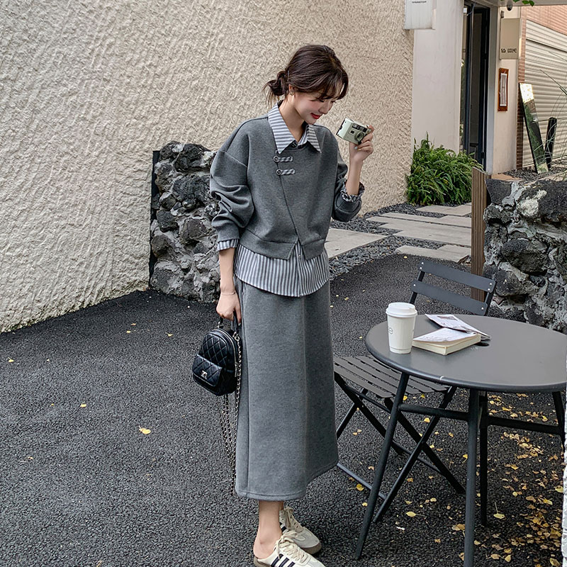 通勤必備 條紋假兩件上衣+半身裙｜氣質感穿搭 溫柔風