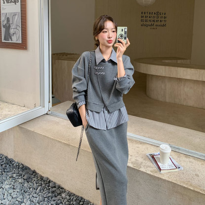 通勤必備 條紋假兩件上衣+半身裙｜氣質感穿搭 溫柔風