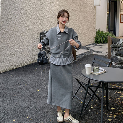 通勤必備 條紋假兩件上衣+半身裙｜氣質感穿搭 溫柔風