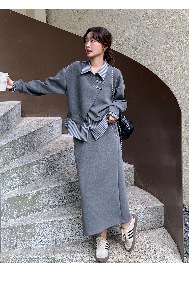 通勤必備 條紋假兩件上衣+半身裙｜氣質感穿搭 溫柔風