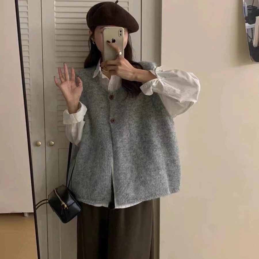 日系風 文藝穿搭 蝙蝠袖針織毛衣+針織馬甲+裙褲 ｜氣質穿搭