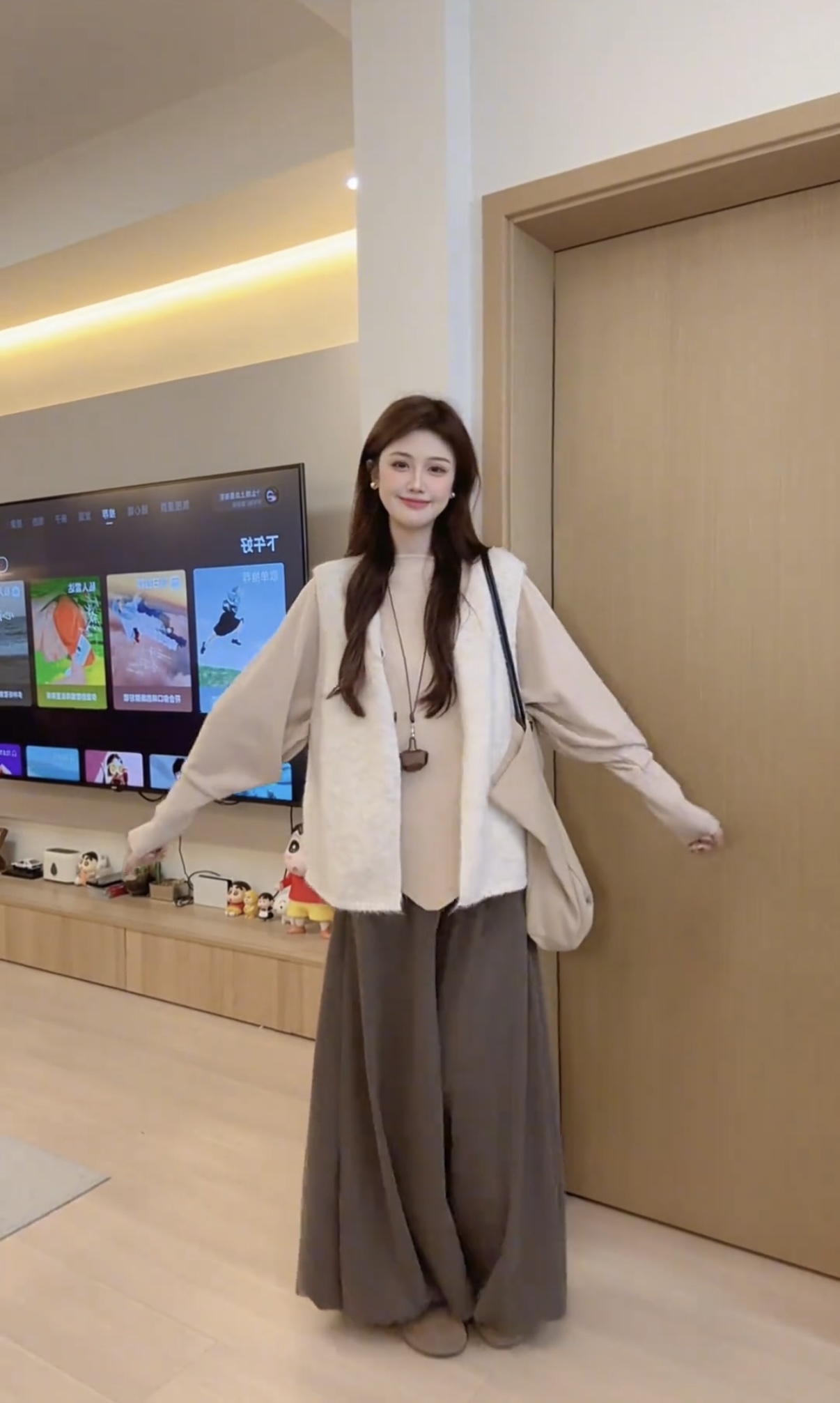 日系風 文藝穿搭 蝙蝠袖針織毛衣+針織馬甲+裙褲 ｜氣質穿搭