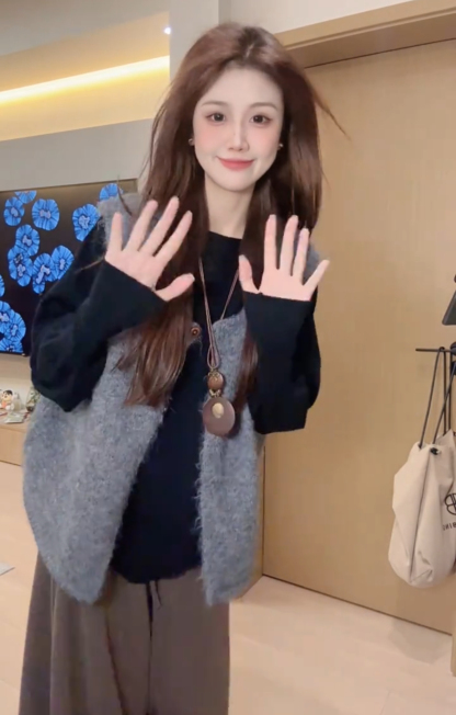 日系風 文藝穿搭 蝙蝠袖針織毛衣+針織馬甲+裙褲 ｜氣質穿搭