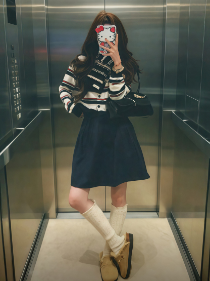 港風套裝 條紋針織上衣+鬆緊腰半身裙｜經典港風穿搭