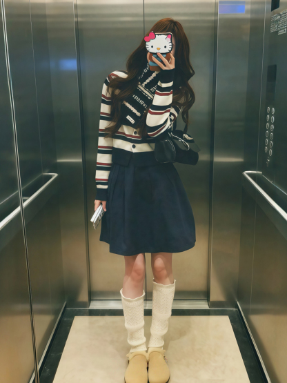 港風套裝 條紋針織上衣+鬆緊腰半身裙｜經典港風穿搭