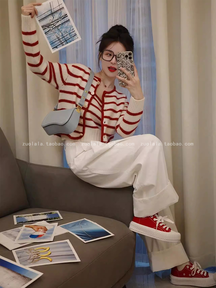 巨顯白 日系條紋三件套 吊帶針織衫+針織開衫+休閒褲