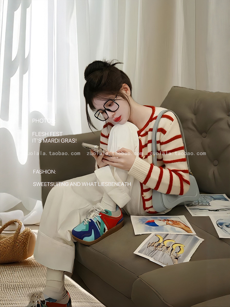 巨顯白 日系條紋三件套 吊帶針織衫+針織開衫+休閒褲