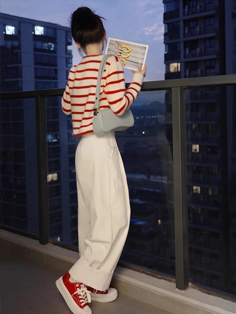 巨顯白 日系條紋三件套 吊帶針織衫+針織開衫+休閒褲