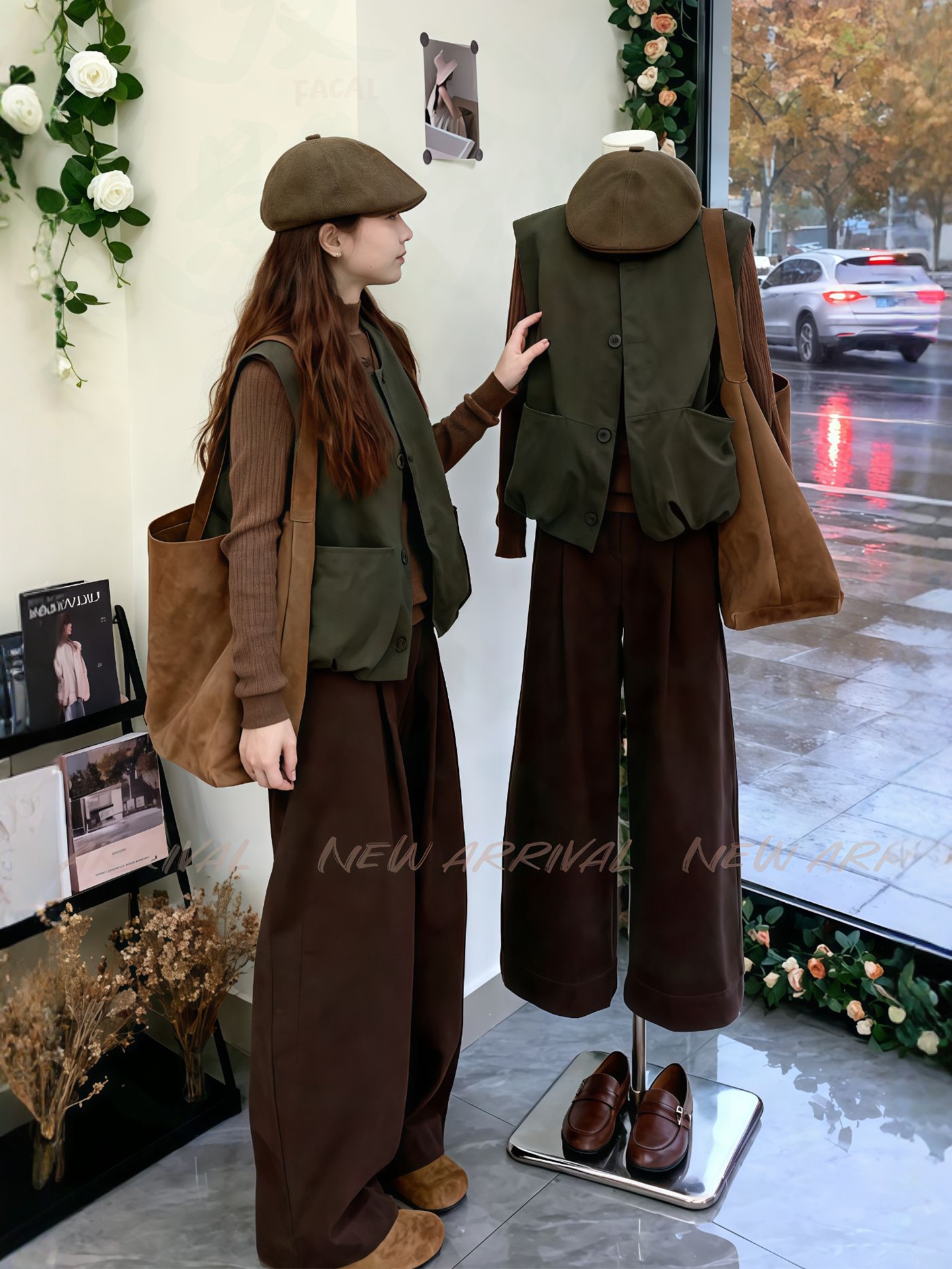 日系慵懶風三件套 馬甲外套+針織上衣+闊腿褲｜文藝氣質風