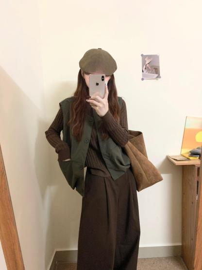 日系慵懶風三件套 馬甲外套+針織上衣+闊腿褲｜文藝氣質風