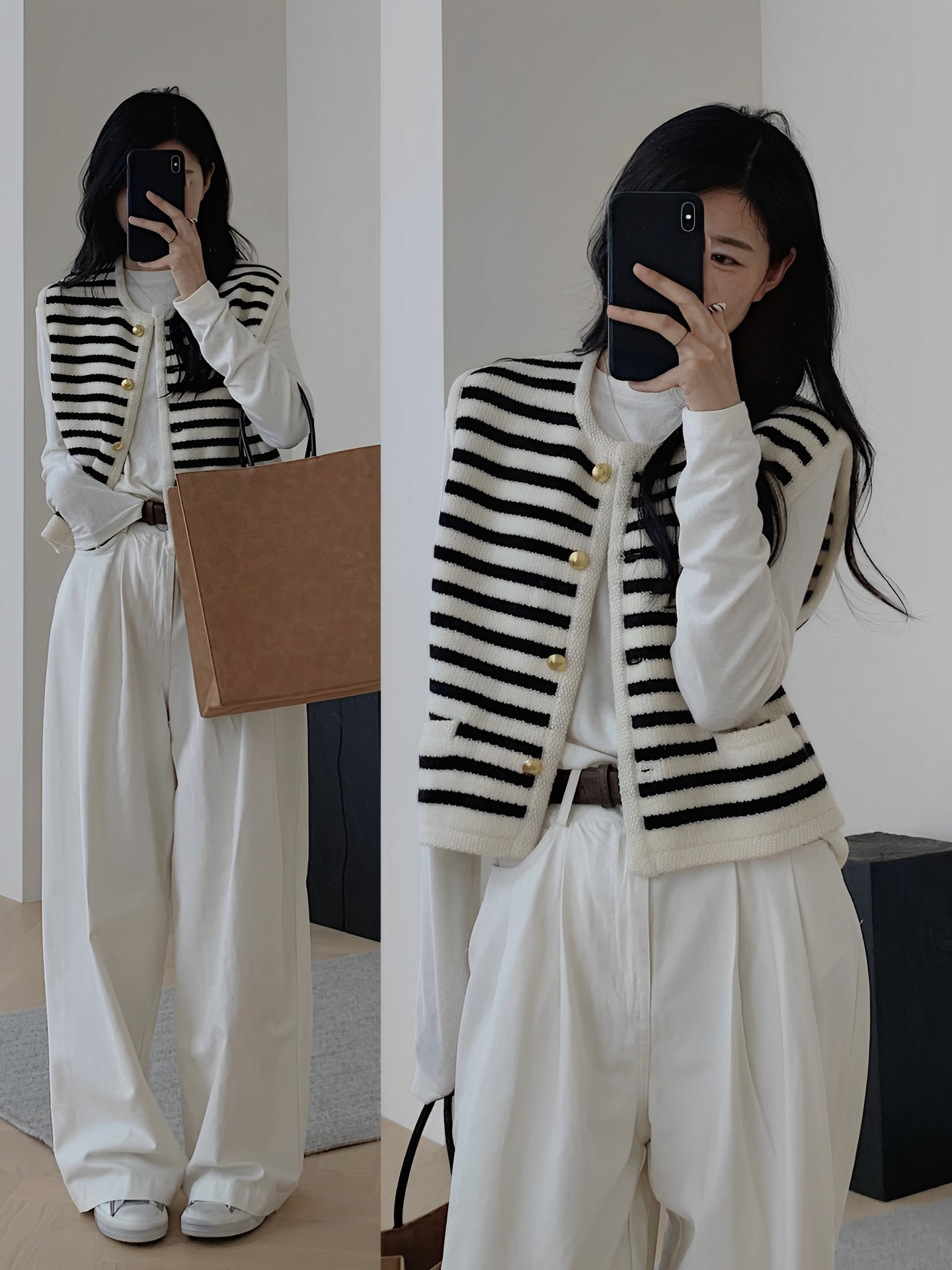 小香風三件套 條紋馬甲+純棉內搭上衣+直筒闊腿褲｜氣質通勤