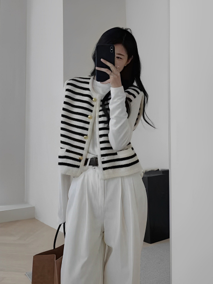 小香風三件套 條紋馬甲+純棉內搭上衣+直筒闊腿褲｜氣質通勤