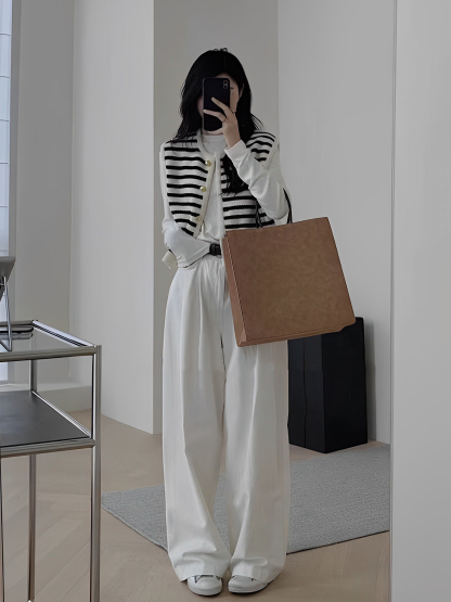 小香風三件套 條紋馬甲+純棉內搭上衣+直筒闊腿褲｜氣質通勤