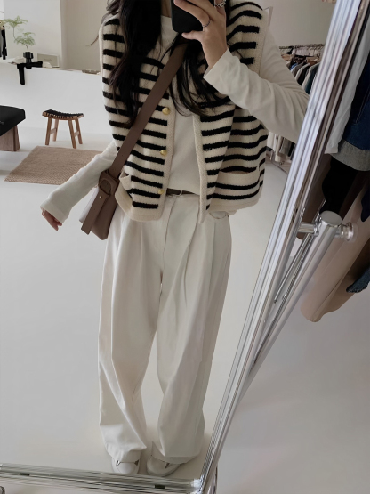 小香風三件套 條紋馬甲+純棉內搭上衣+直筒闊腿褲｜氣質通勤