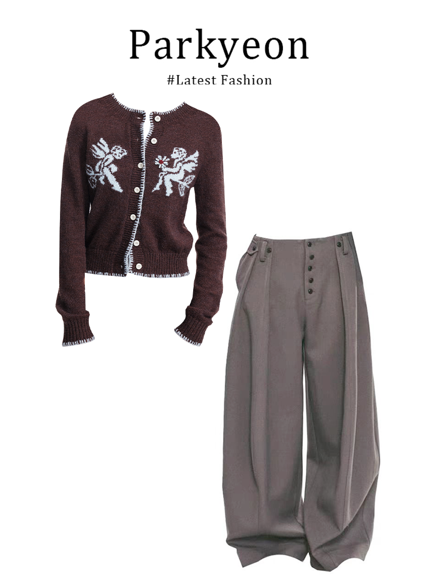 初秋日系套裝 針織提花開衫+闊腿休閒褲