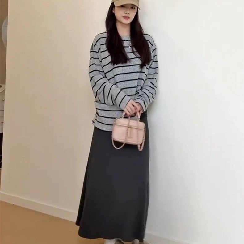 秋日優雅兩件套 條紋上衣+糯米半身裙｜