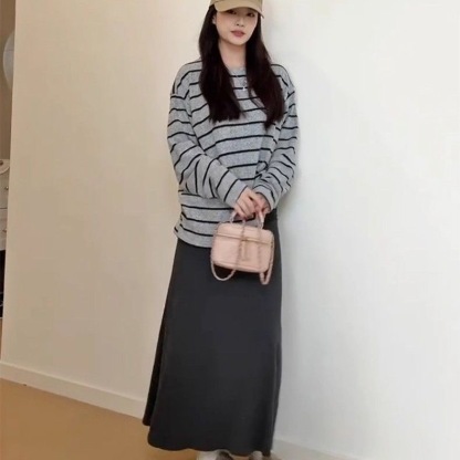 秋日優雅兩件套 條紋上衣+糯米半身裙｜