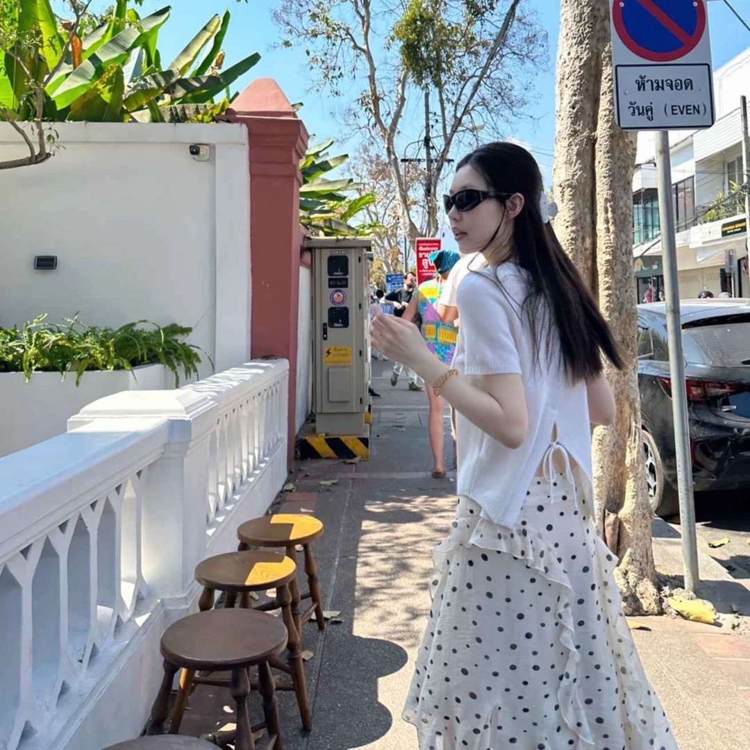 韓系波點傘裙+針織上衣 仙女風 顯瘦高腰 超顯氣質