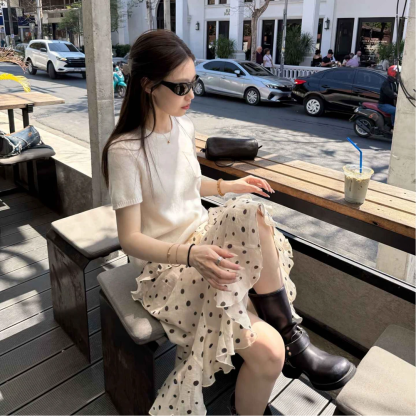 韓系波點傘裙+針織上衣 仙女風 顯瘦高腰 超顯氣質