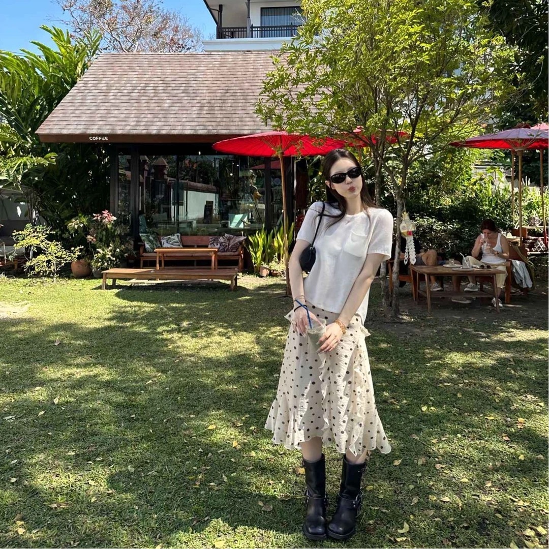 韓系波點傘裙+針織上衣 仙女風 顯瘦高腰 超顯氣質