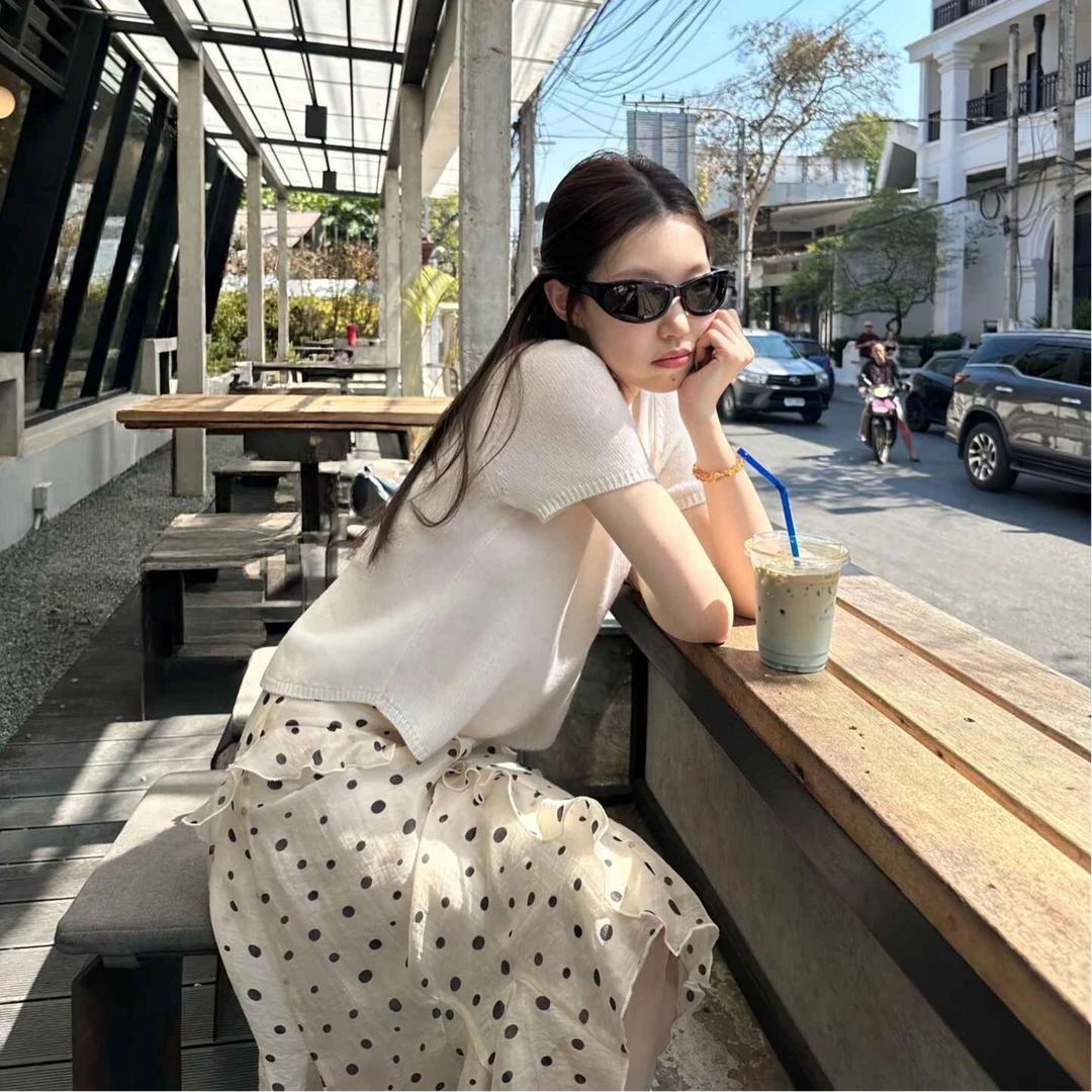 韓系波點傘裙+針織上衣 仙女風 顯瘦高腰 超顯氣質