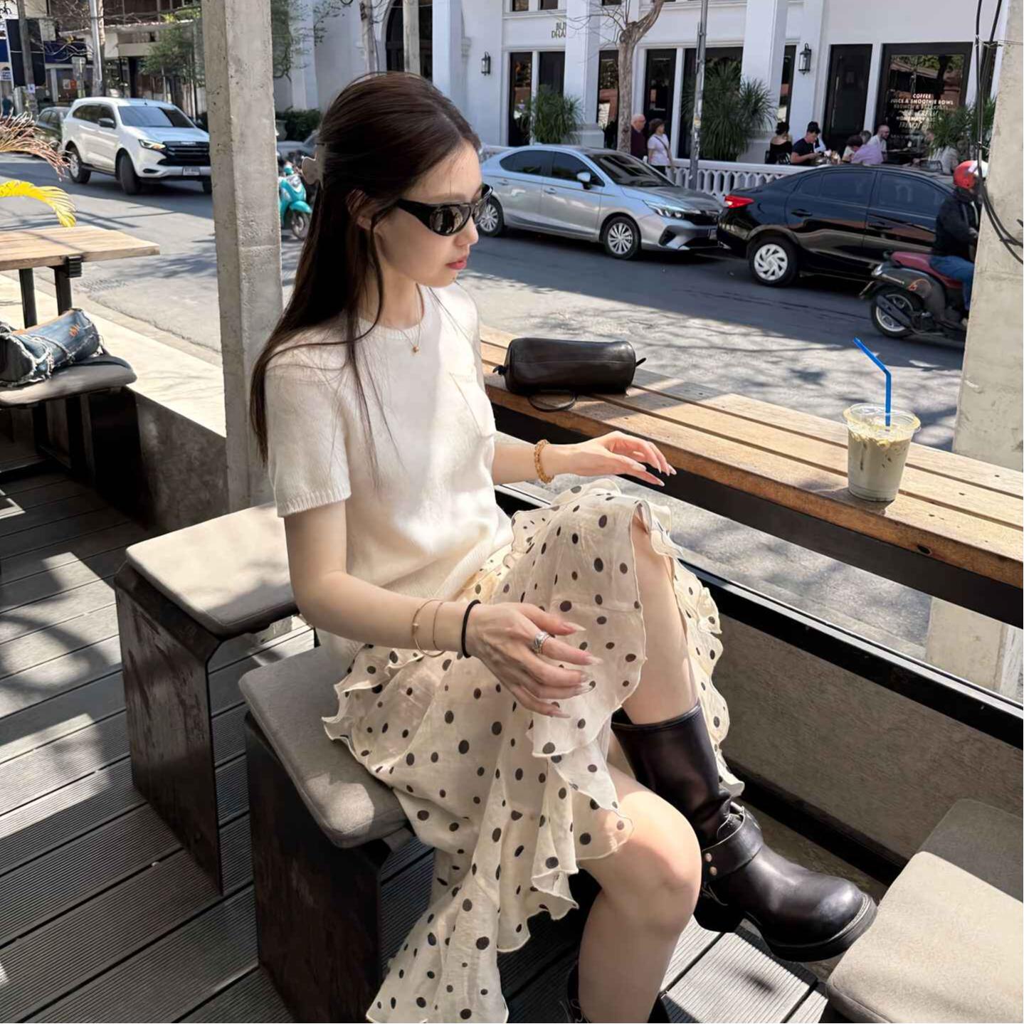 韓系波點傘裙+針織上衣 仙女風 顯瘦高腰 超顯氣質