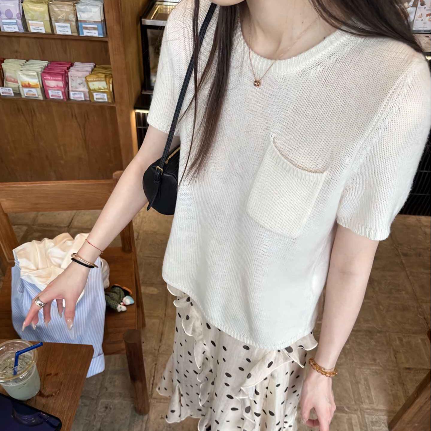 韓系波點傘裙+針織上衣 仙女風 顯瘦高腰 超顯氣質