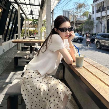 韓系波點傘裙+針織上衣 仙女風 顯瘦高腰 超顯氣質