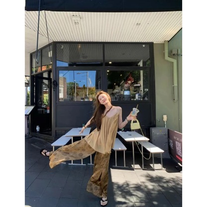 日系紗紗套裝 吊帶V領+復古印花休閒長褲｜涼感透氣 巨包容