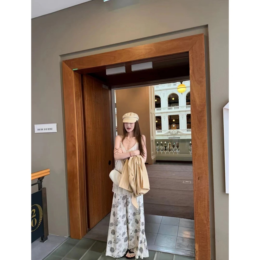 日系紗紗套裝 吊帶V領+復古印花休閒長褲｜涼感透氣 巨包容