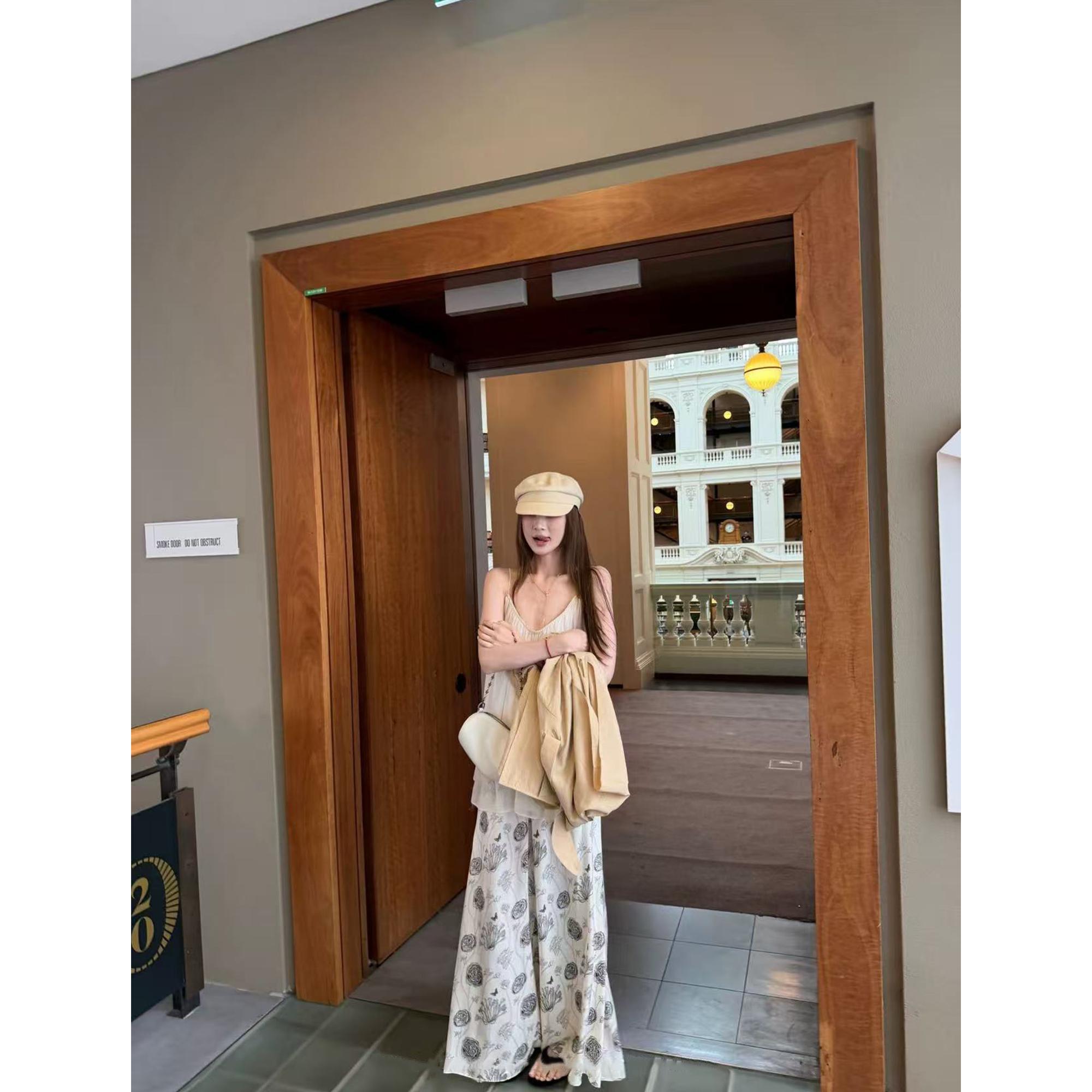 日系紗紗套裝 吊帶V領+復古印花休閒長褲｜涼感透氣 巨包容