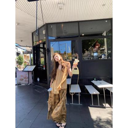 日系紗紗套裝 吊帶V領+復古印花休閒長褲｜涼感透氣 巨包容