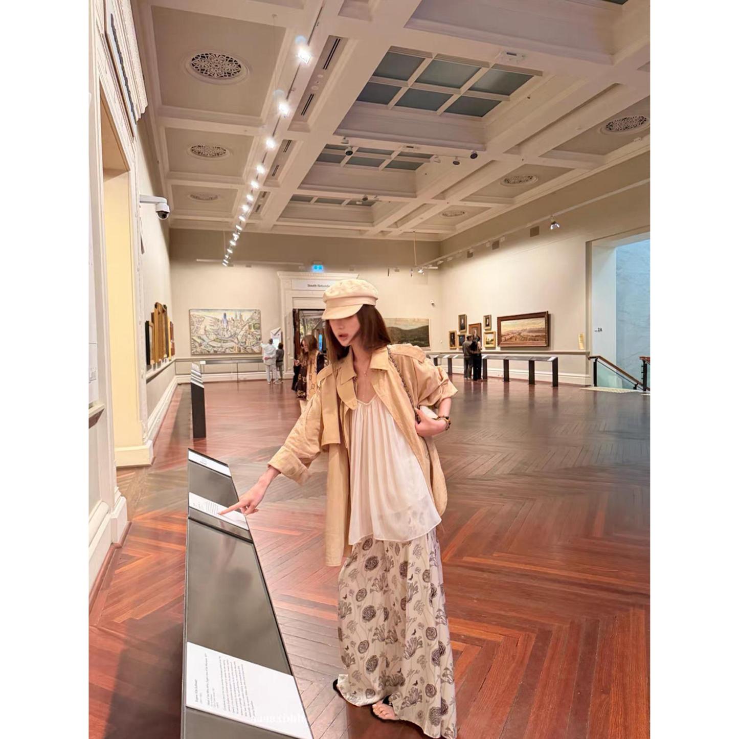 日系紗紗套裝 吊帶V領+復古印花休閒長褲｜涼感透氣 巨包容