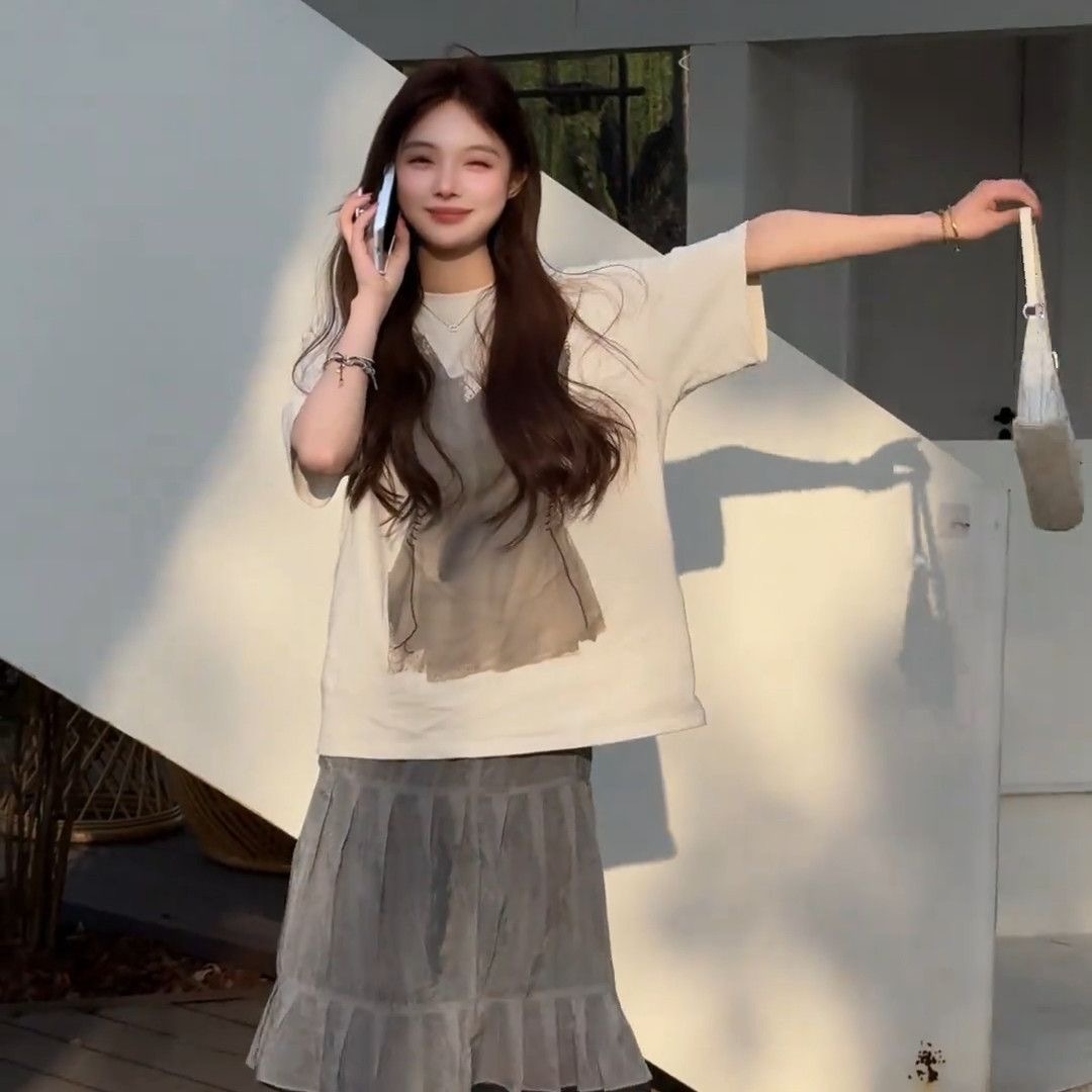 日系 初夏套裝 印花T恤+高腰半身裙｜知性美 寬鬆顯瘦