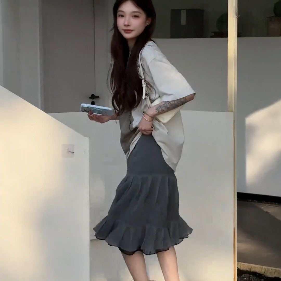 日系 初夏套裝 印花T恤+高腰半身裙｜知性美 寬鬆顯瘦