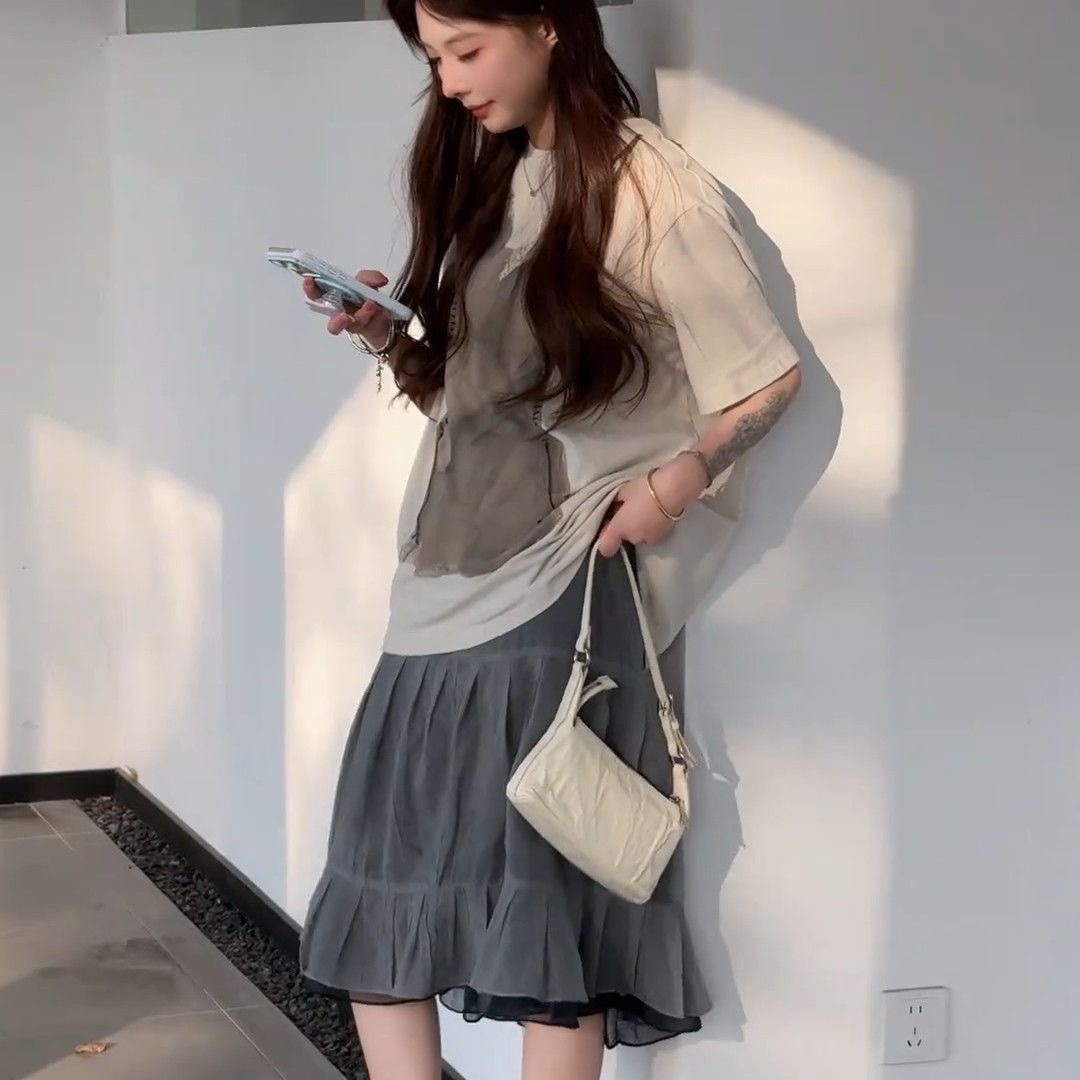 日系 初夏套裝 印花T恤+高腰半身裙｜知性美 寬鬆顯瘦