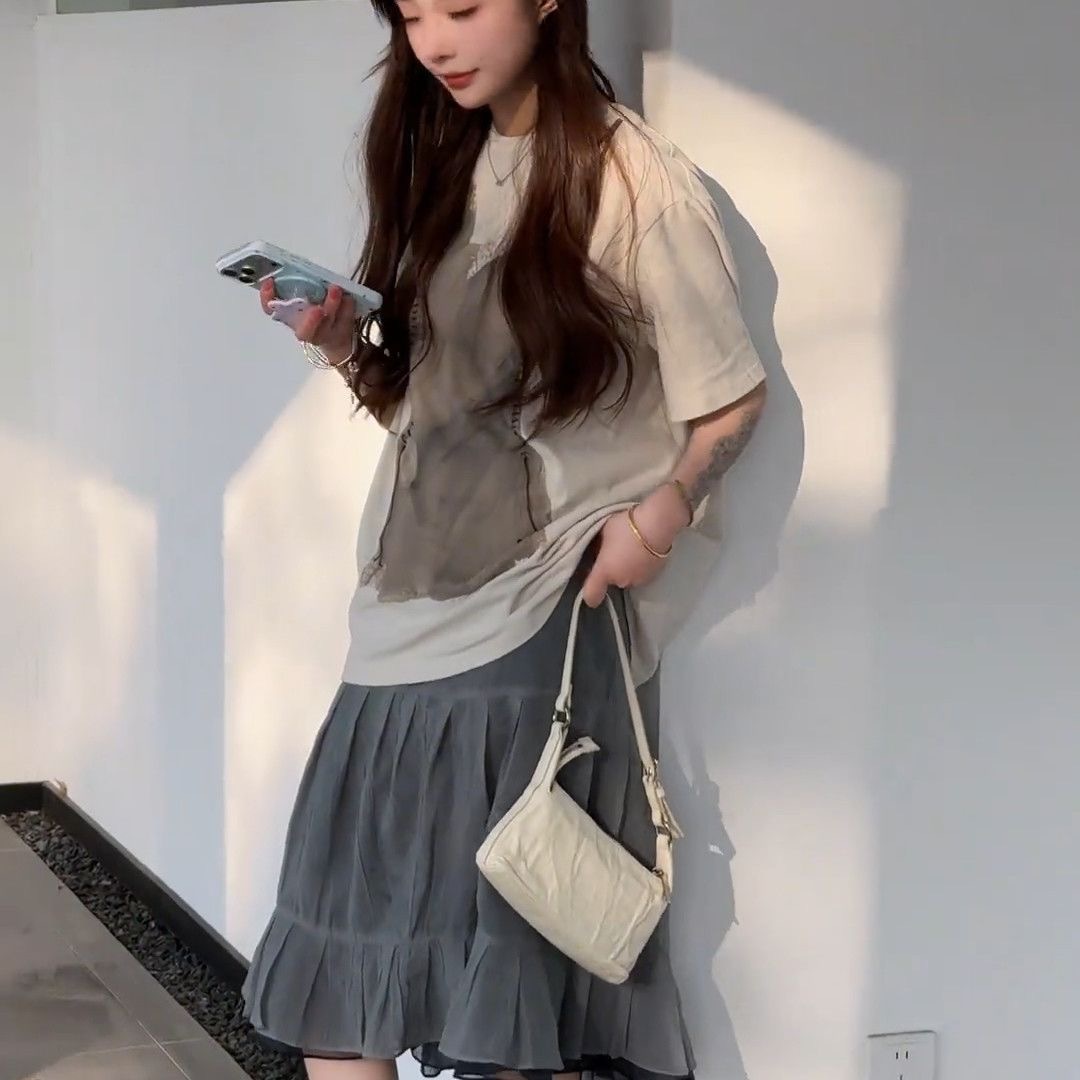 日系 初夏套裝 印花T恤+高腰半身裙｜知性美 寬鬆顯瘦