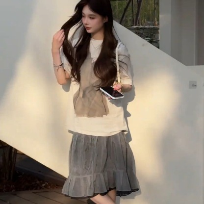 日系 初夏套裝 印花T恤+高腰半身裙｜知性美 寬鬆顯瘦