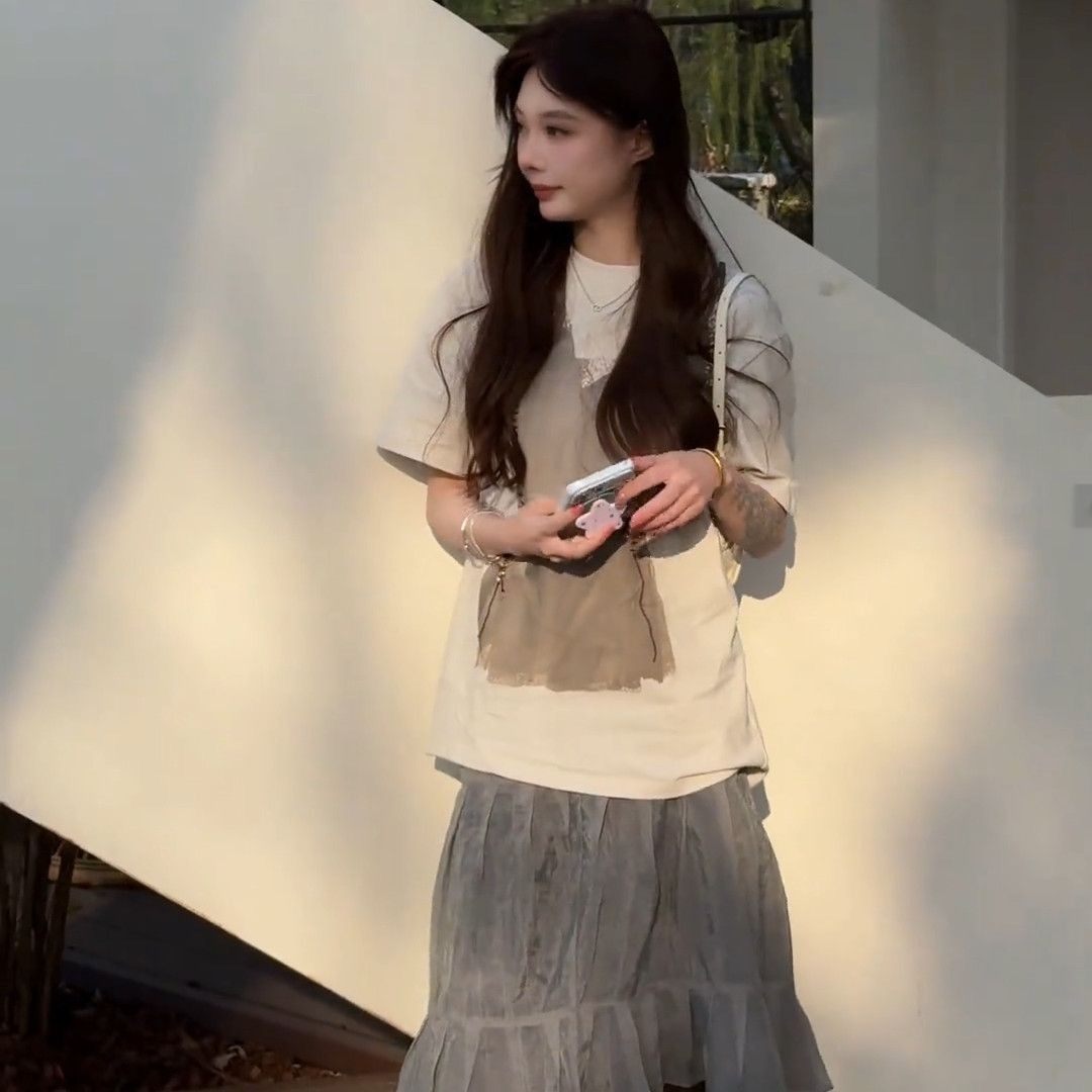 日系 初夏套裝 印花T恤+高腰半身裙｜知性美 寬鬆顯瘦