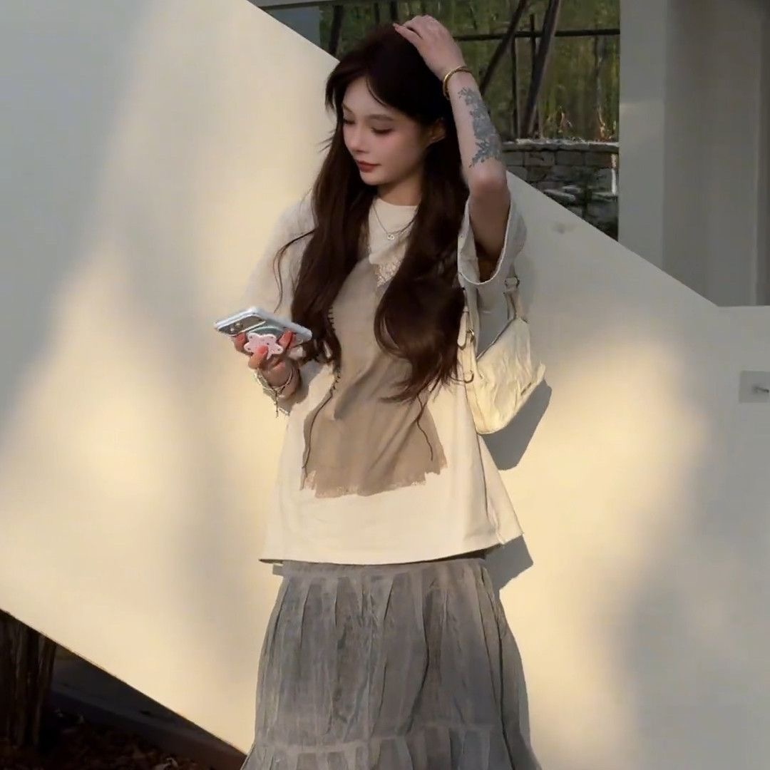 日系 初夏套裝 印花T恤+高腰半身裙｜知性美 寬鬆顯瘦