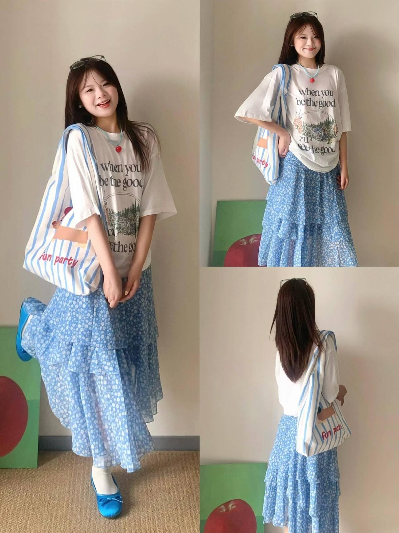 日系 初夏之夢 藍色碎花裙+印花上衣T 高級簡約｜活力青春