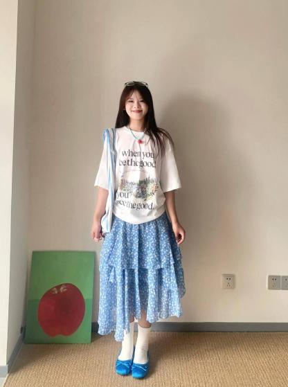 日系 初夏之夢 藍色碎花裙+印花上衣T 高級簡約｜活力青春