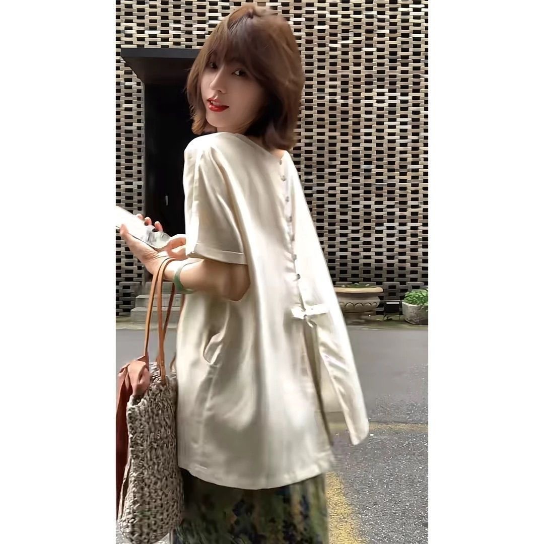 韓系女裝 「畫盤」 寬鬆圓領短袖+復古風半身裙