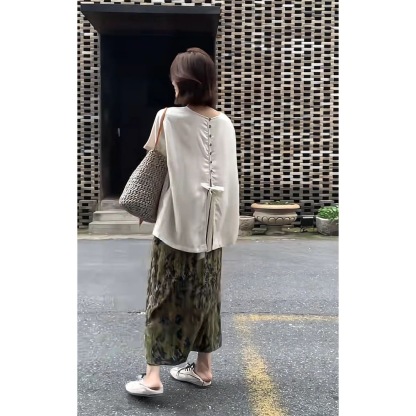 韓系女裝 「畫盤」 寬鬆圓領短袖+復古風半身裙