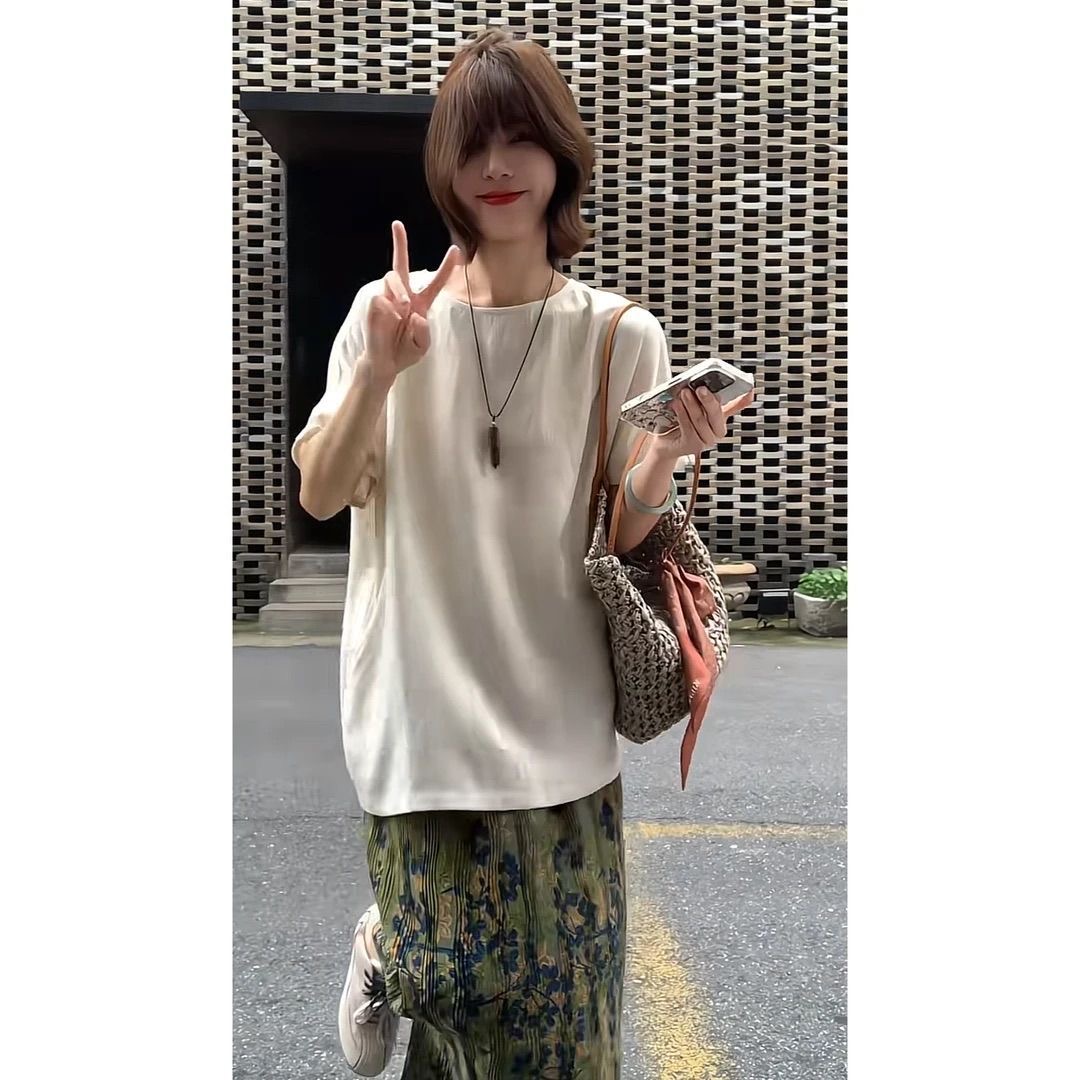 韓系女裝 「畫盤」 寬鬆圓領短袖+復古風半身裙