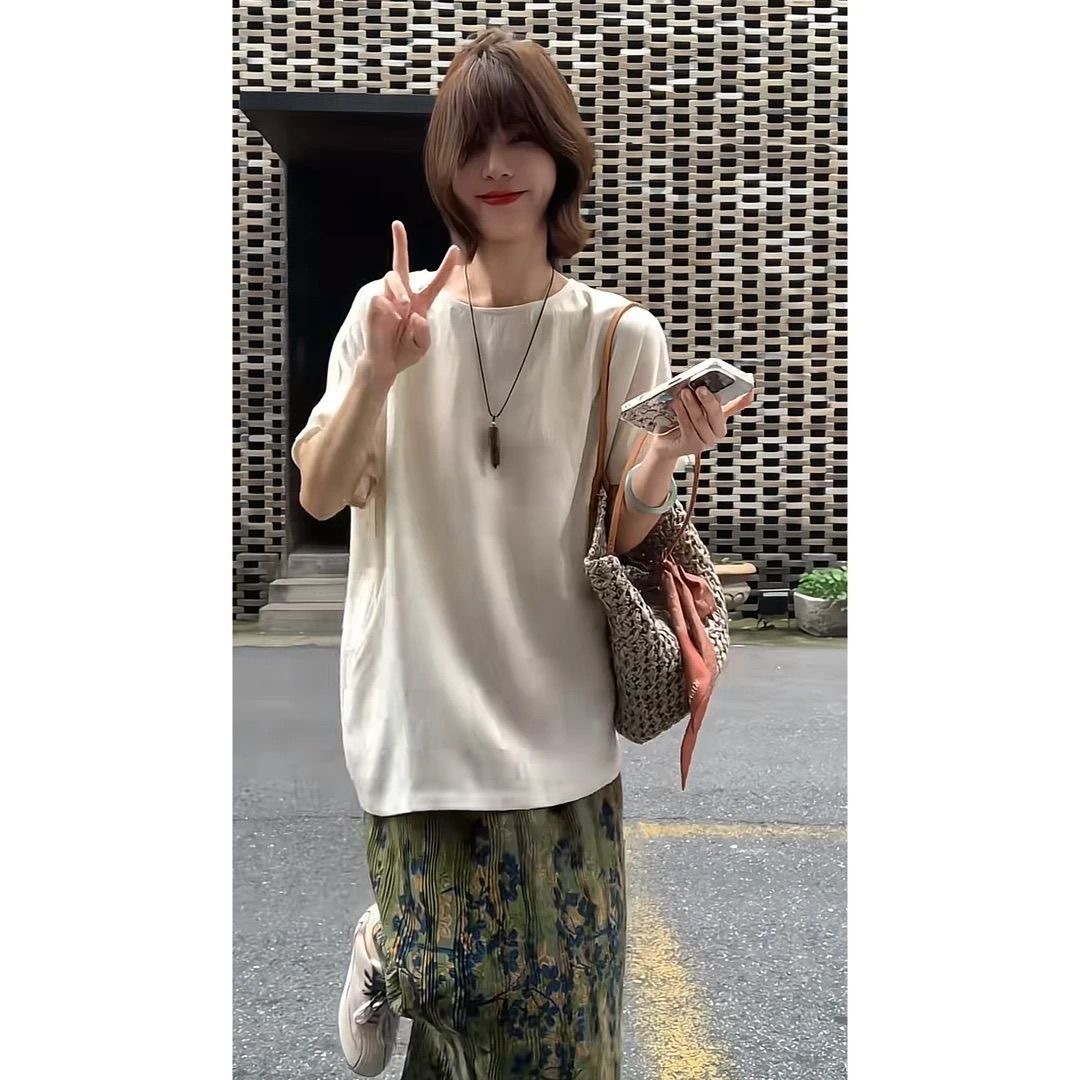 韓系女裝 「畫盤」 寬鬆圓領短袖+復古風半身裙