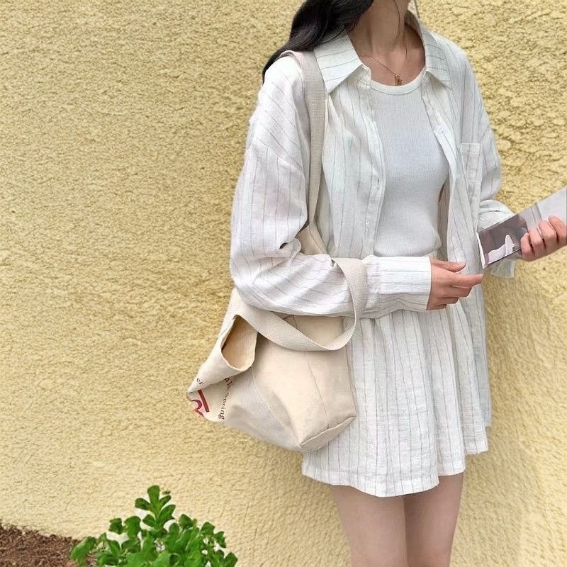 「現貨」初秋套裝 老錢風 豎條紋襯衫+短褲 寬鬆清爽 立領顯氣質