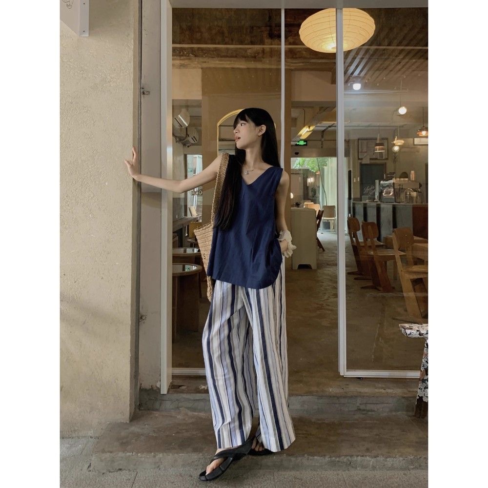 「全台僅售200組」棉麻V領套頭背心+高腰闊腿條紋長褲 慵懶風十足 度假首選
